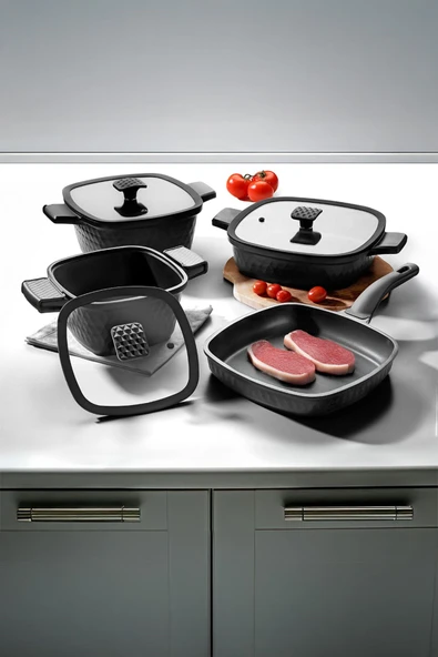 Nehir Royal Elite Square Siyah Alüminyum Döküm 7 Parça Tencere Set - Resim 2