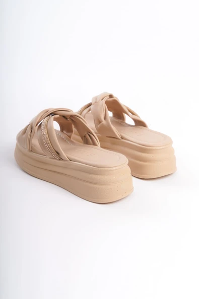 JET-CLARA Düz Topuklu Kurdele Desenli Taşlı Kalın ve Ortopedik Taban Kadın Terlik  CTT - Ten - Resim 5