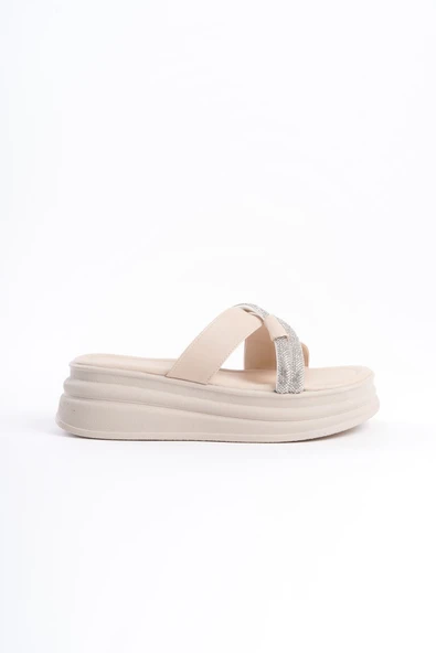 JET-RUBY Düz Topuklu Taşlı Çapraz Şeritli Kalın ve Ortopedik Taban Kadın Terlik  CKT - Krem - Resim 6