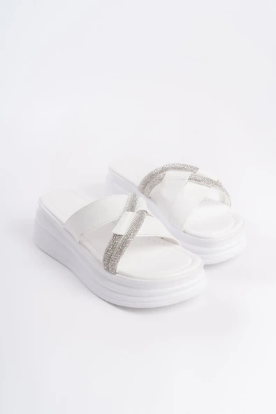 JET-RUBY Düz Topuklu Taşlı Çapraz Şeritli Kalın ve Ortopedik Taban Kadın Terlik  CBT - Beyaz - Resim 4