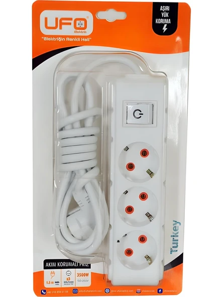UFO 3500 W Akım Korumalı Anahtarlı Kablolu 1.5 mt Üçlü Grup Priz Beyaz