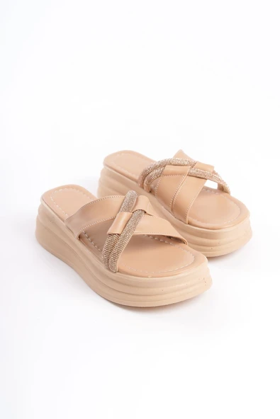 JET-RUBY Düz Topuklu Taşlı Çapraz Şeritli Kalın ve Ortopedik Taban Kadın Terlik  CTT - Ten - Resim 4