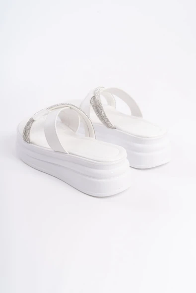 JET-RUBY Düz Topuklu Taşlı Çapraz Şeritli Kalın ve Ortopedik Taban Kadın Terlik  CBT - Beyaz - Resim 5