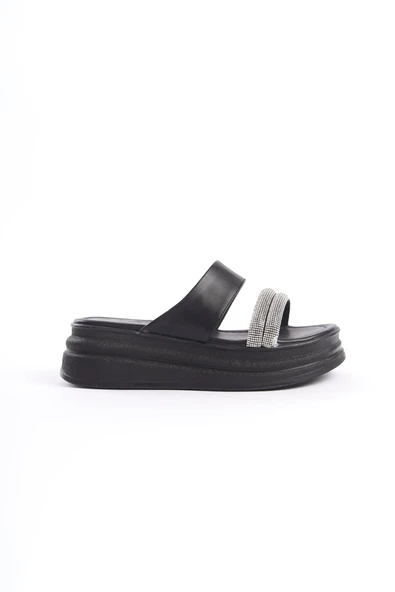 JET-SARAH Düz Topuklu Taşlı Şeritli Kalın ve Ortopedik Taban Kadın Terlik CST - Siyah - Resim 6