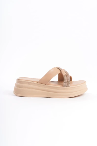 JET-RUBY Düz Topuklu Taşlı Çapraz Şeritli Kalın ve Ortopedik Taban Kadın Terlik  CTT - Ten - Resim 6