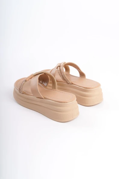 JET-RUBY Düz Topuklu Taşlı Çapraz Şeritli Kalın ve Ortopedik Taban Kadın Terlik  CTT - Ten - Resim 5