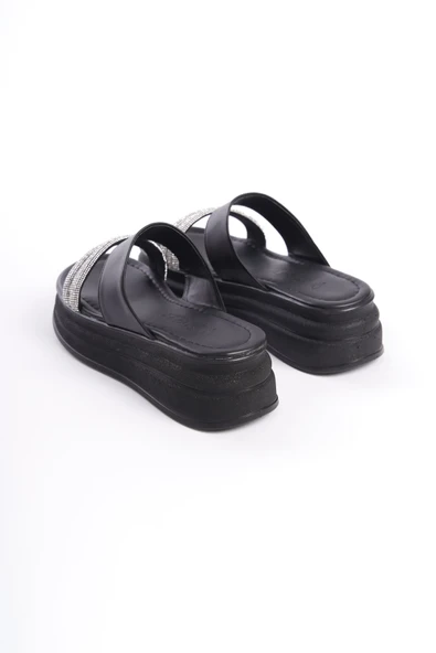 JET-SARAH Düz Topuklu Taşlı Şeritli Kalın ve Ortopedik Taban Kadın Terlik CST - Siyah - Resim 5