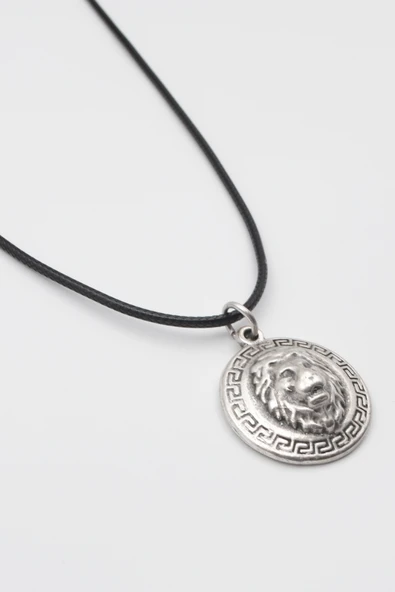 Kabartmalı Aslan Madalyon Kolye - PU Deri İp Zincirli Unisex Gümüş Kaplama - 60 cm - Resim 2