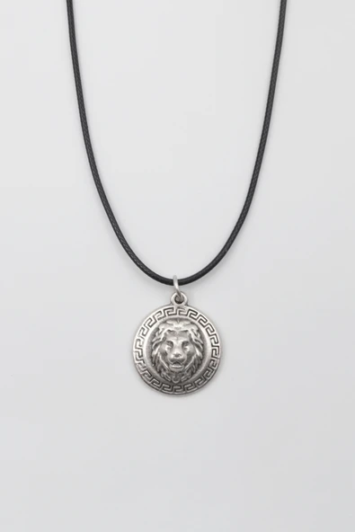 Kabartmalı Aslan Madalyon Kolye - PU Deri İp Zincirli Unisex Gümüş Kaplama - 60 cm ürün görseli 1