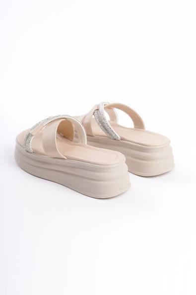 JET-RUBY Düz Topuklu Taşlı Çapraz Şeritli Kalın ve Ortopedik Taban Kadın Terlik  CKT - Krem - Resim 5