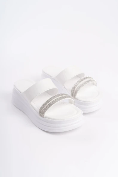 JET-SARAH Düz Topuklu Taşlı Şeritli Kalın ve Ortopedik Taban Kadın Terlik  CBT - Beyaz - Resim 4