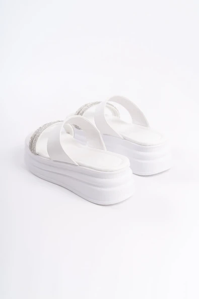 JET-SARAH Düz Topuklu Taşlı Şeritli Kalın ve Ortopedik Taban Kadın Terlik  CBT - Beyaz - Resim 5