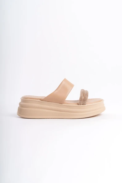 JET-SARAH Düz Topuklu Taşlı Şeritli Kalın ve Ortopedik Taban Kadın Terlik CTT - Ten - Resim 6