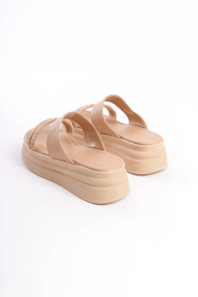 JET-SARAH Düz Topuklu Taşlı Şeritli Kalın ve Ortopedik Taban Kadın Terlik CTT - Ten - Resim 5