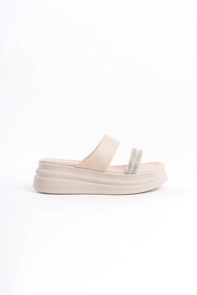 JET-SARAH Düz Topuklu Taşlı Şeritli Kalın ve Ortopedik Taban Kadın Terlik  CKT - Krem - Resim 6