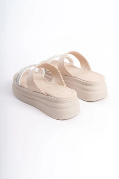 JET-SARAH Düz Topuklu Taşlı Şeritli Kalın ve Ortopedik Taban Kadın Terlik  CKT - Krem - Resim 5