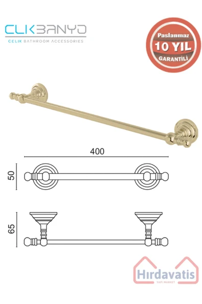 ÇELİK BANYO Paslanmaz Pirinç Ottoman Uzun Havluluk 50cm Altın Gold Sarı ürün görseli 1