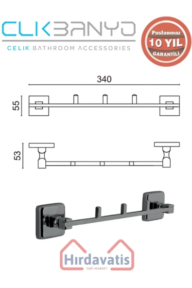 ÇELİK BANYO Paslanmaz Pirinç Kumru 3’lü Askılık Mat Siyah - Resim 2