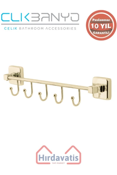 ÇELİK BANYO Paslanmaz Pirinç Kumru Kancalı 5’li Askılık Altın Sarı Gold ürün görseli 1