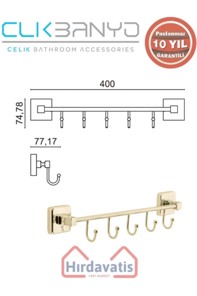 ÇELİK BANYO Paslanmaz Pirinç Kumru Kancalı 5’li Askılık Altın Sarı Gold - Resim 2
