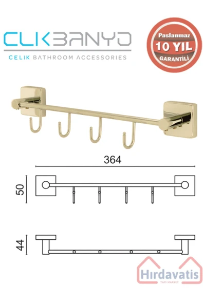 ÇELİK BANYO Paslanmaz Pirinç Vizyon Kanca 4’lü Askılık Altın Sarı Gold ürün görseli