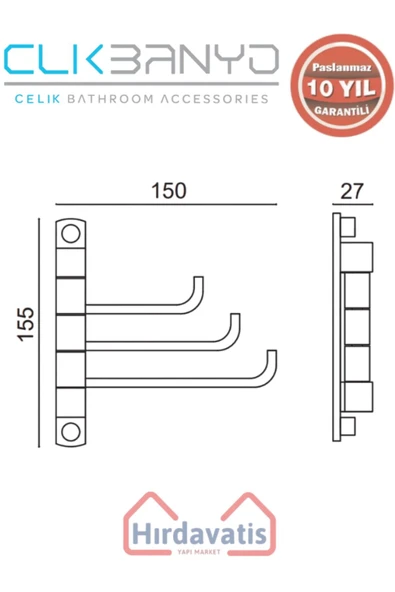 ÇELİK BANYO Paslanmaz Pirinç Mercan 3’lü Kısa Döner Havluluk Altın Sarı Gold - Resim 2