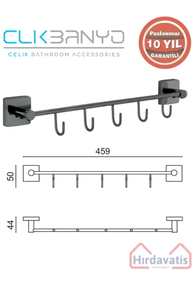 ÇELİK BANYO Paslanmaz Pirinç Vizyon Kanca 5’li Askılık Mat Siyah - Resim 2