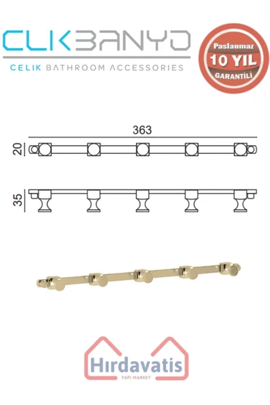 ÇELİK BANYO Paslanmaz Pirinç Mercan 5’li Askılık Altın Sarı Gold - Resim 2