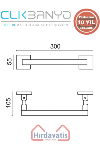 ÇELİK BANYO Paslanmaz Pirinç Kumru Kare Boru Uzun Havluluk 30cm Mat Siyah - Resim 2
