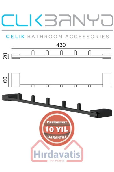 ÇELİK BANYO Paslanmaz Pirinç Titanik 5'li Set Mat Siyah Askılık Havlu Askısı - Resim 2