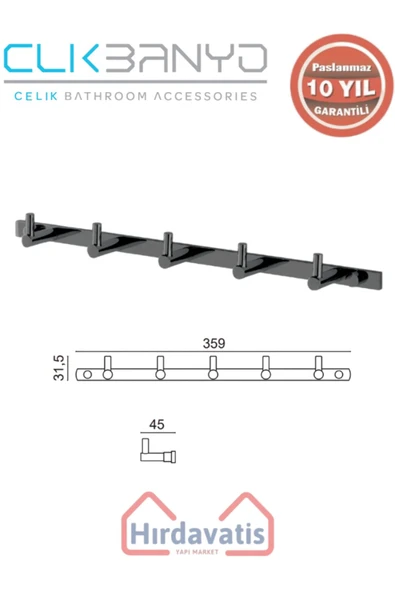 ÇELİK BANYO Paslanmaz Pirinç Mercan 5’li Askılık Mat Siyah ürün görseli