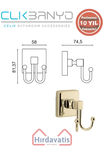 ÇELİK BANYO Paslanmaz Pirinç Kumru İkili Bornozluk Altın Sarı Gold - Resim 2