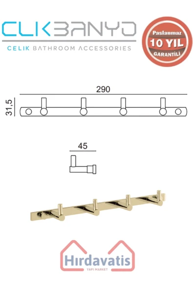 ÇELİK BANYO Paslanmaz Pirinç Mercan 4’lü Askılık Altın Sarı Gold - Resim 2