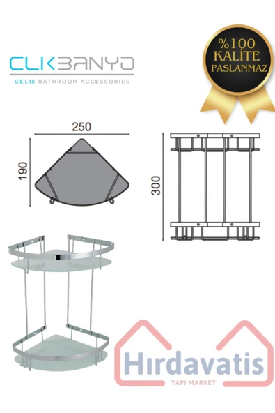 CLK BANYO Paslanmaz Çelik Zerrin Camlı 2’li 19x19 Cm Şampuanlık Banyo Rafı Süngerlik - Resim 2