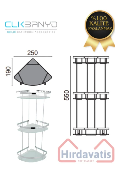 CLK BANYO Çelik Zerrin Camlı 3’lü 19x19 Cm Şampuanlık Banyo Rafı Süngerlik - Resim 2