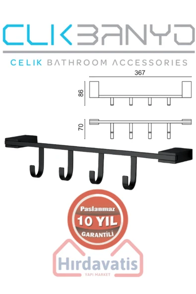 ÇELİK BANYO Havlu Askısı Paslanmaz Pirinç Titanik 4'lü Askılık Mat Siyah - Resim 2