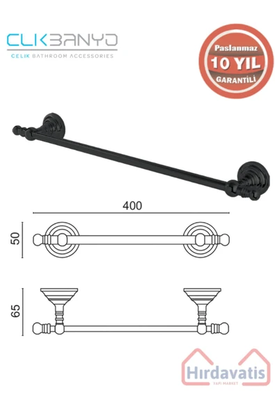 ÇELİK BANYO Paslanmaz Pirinç Ottoman Uzun Havluluk 50cm Mat Siyah ürün görseli