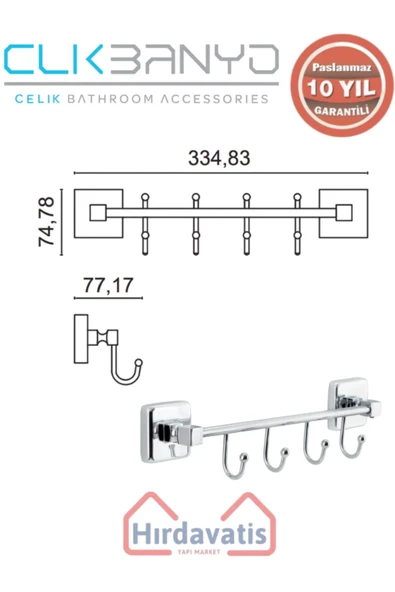 ÇELİK BANYO Paslanmaz Pirinç Kumru Kancalı 4’lü Askılık - Resim 2