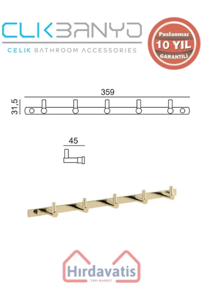 ÇELİK BANYO Paslanmaz Pirinç Mercan 5’li Askılık Altın Sarı Gold - Resim 2