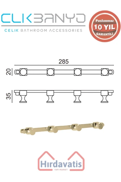 ÇELİK BANYO Paslanmaz Pirinç Mercan 4’lü Askılık Altın Sarı Gold - Resim 2