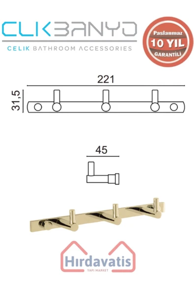 ÇELİK BANYO Paslanmaz Pirinç Mercan 3’lü Askılık Altın Sarı Gold - Resim 2