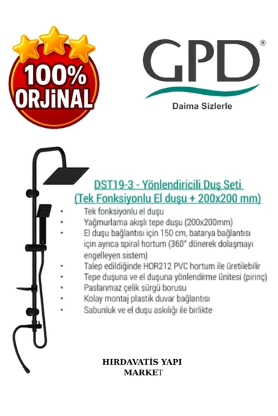 GPD DST19-3-S Yönlendiricili Duş Seti (Tek Fonksiyonlu El Duşu + 200X200) - Resim 4