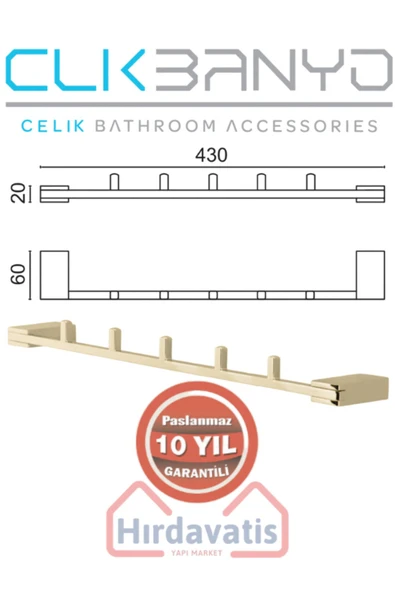 ÇELİK BANYO Paslanmaz Pirinç Titanik Altın Gold 5'li Set Askılık Havlu Askısı - Resim 2