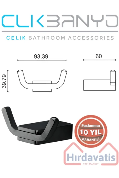 CLK BANYO Paslanmaz Pirinç Titanik Bornozluk Havlu Askısı Mat Siyah - Resim 2