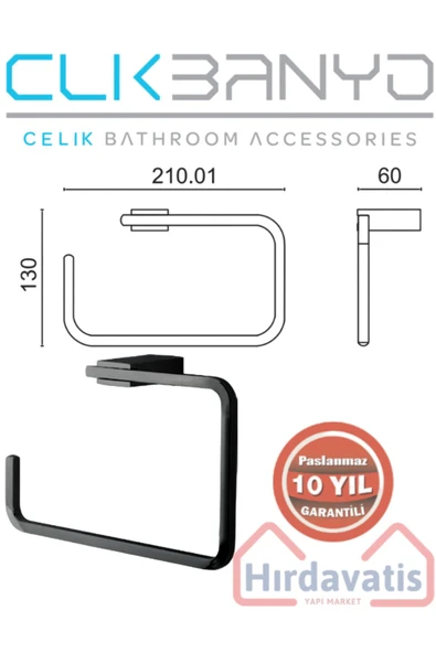 CLK BANYO Paslanmaz Pirinç Mat Siyah Titanik Kare Havluluk - Resim 2