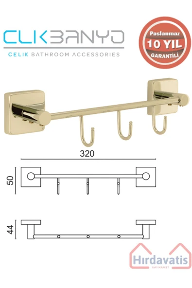 ÇELİK BANYO Paslanmaz Pirinç Vizyon Kanca 3’lü Askılık Altın Sarı Gold - Resim 2