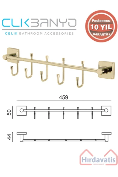ÇELİK BANYO Paslanmaz Pirinç Vizyon Çıkmalı 5’li Askılık Altın Sarı Gold ürün görseli