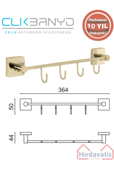 ÇELİK BANYO Paslanmaz Pirinç Vizyon Kanca 4’lü Askılık Altın Sarı Gold - Resim 2