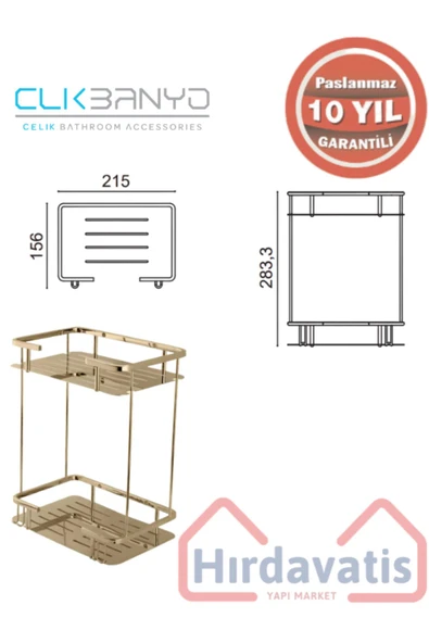 CLK BANYO Paslanmaz Pirinç Altın Gold Lidya 2'li 15x22 Cm Şampuanlık Banyo Rafı - 2