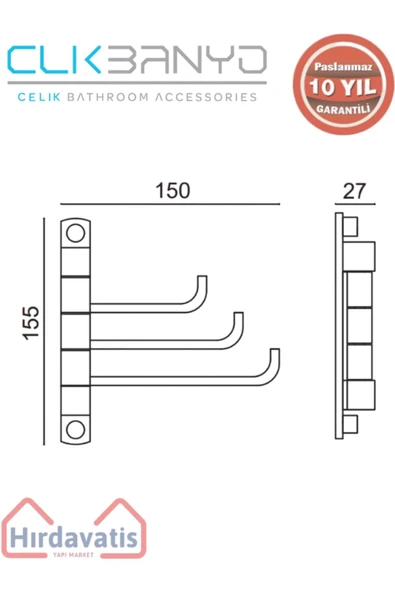ÇELİK BANYO Paslanmaz Pirinç Mercan 3’lü Kısa Döner Havluluk - Resim 2